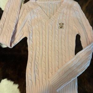 SHEIN Light Pink V-Neck Cable Sweater